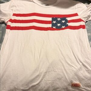 White T-Shirt with Red Stripes and Blue Star Pocket